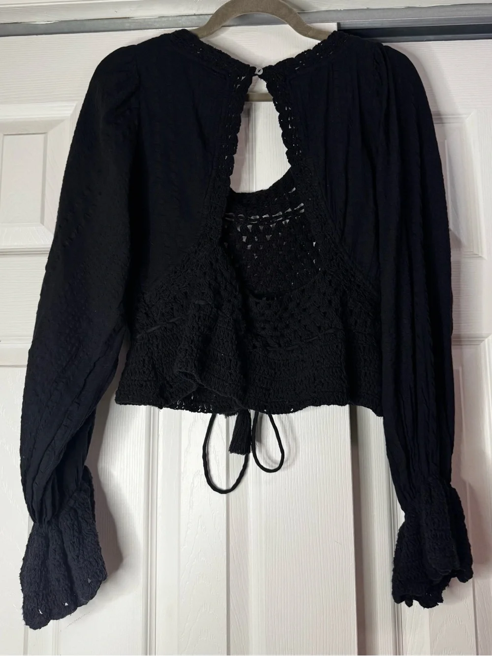 Free People Black Crochet Peplum Long Sleeve Open Back Blouse - Size XS
